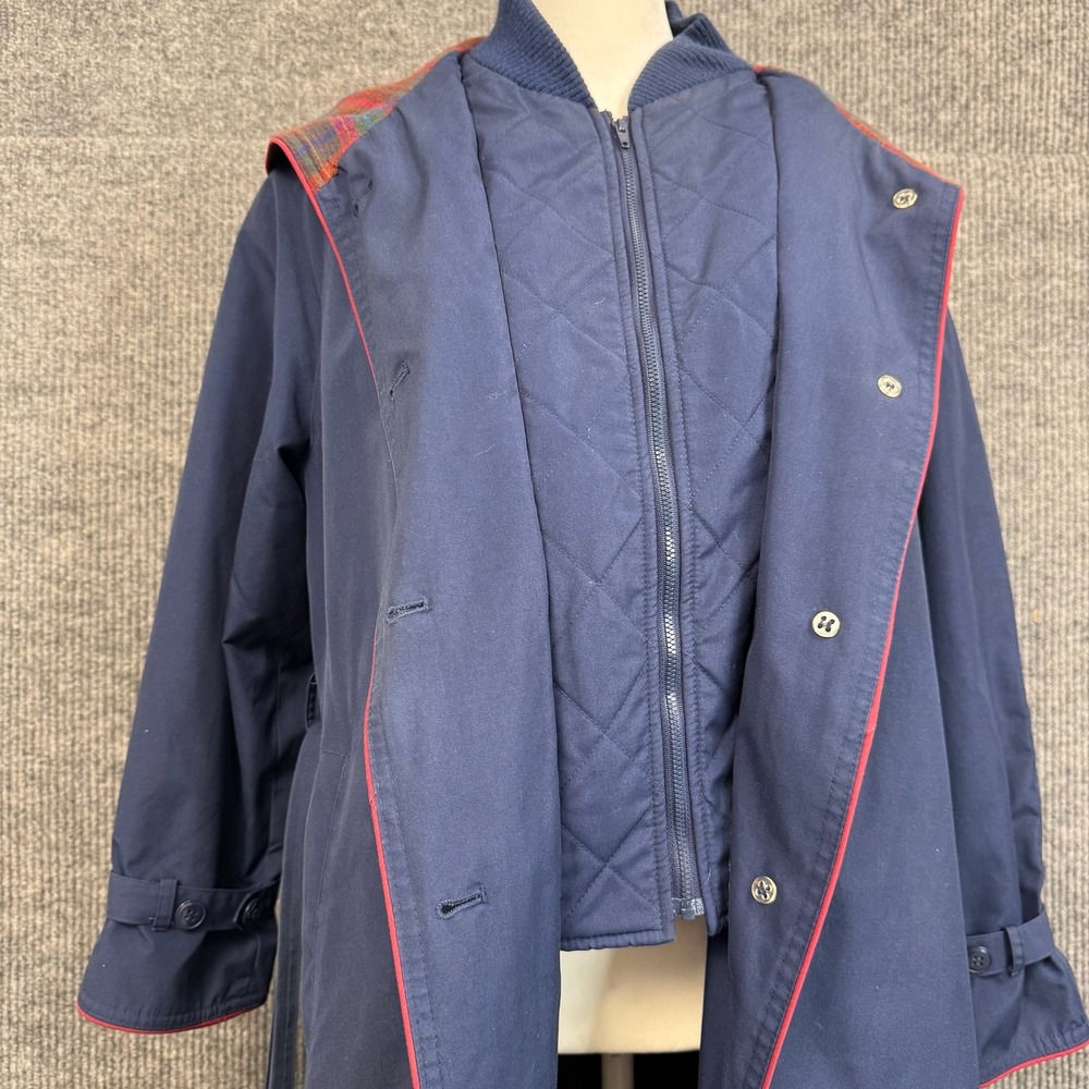 Vtg 80s Partners Mervyns Trench Coat Womens S Petite Plaid Zip Out Liner Hood - Picture 12 of 16